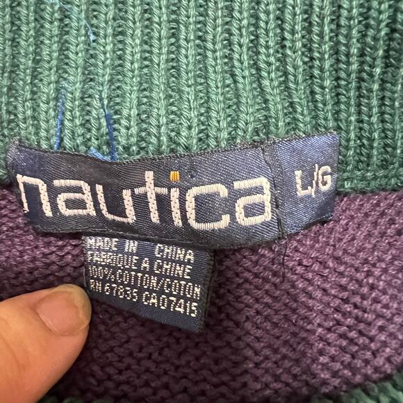 Nautica Vintage 100% cotton argyle crewneck sweater green purple Size Large - Picture 3 of 4